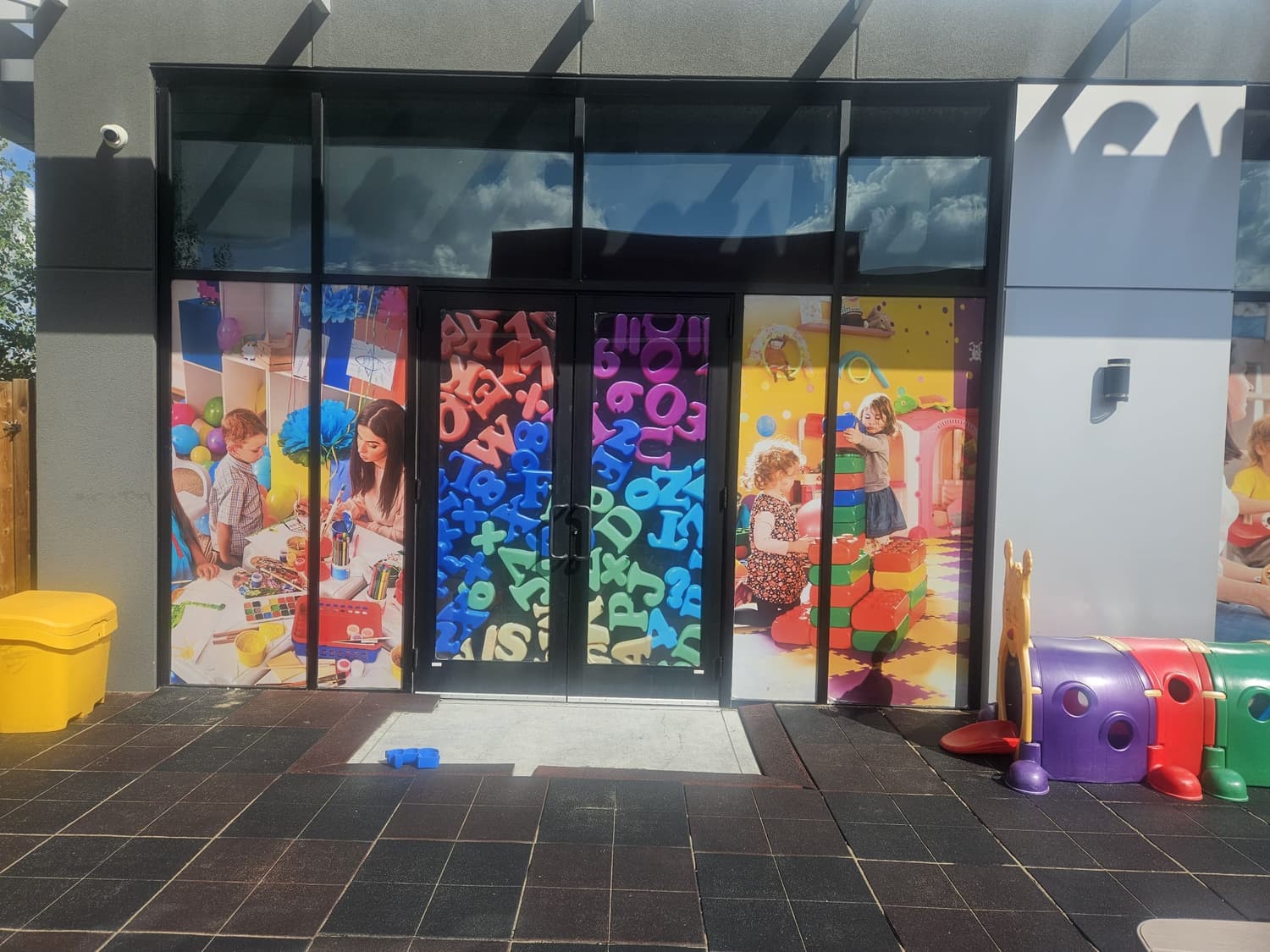 Full-colour printed window graphics on a daycare entrance
